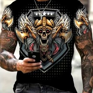 Biker🏍️Skull💀T-shirt 3D Digital Pattern Print Graphic Men's Double Sided NWT